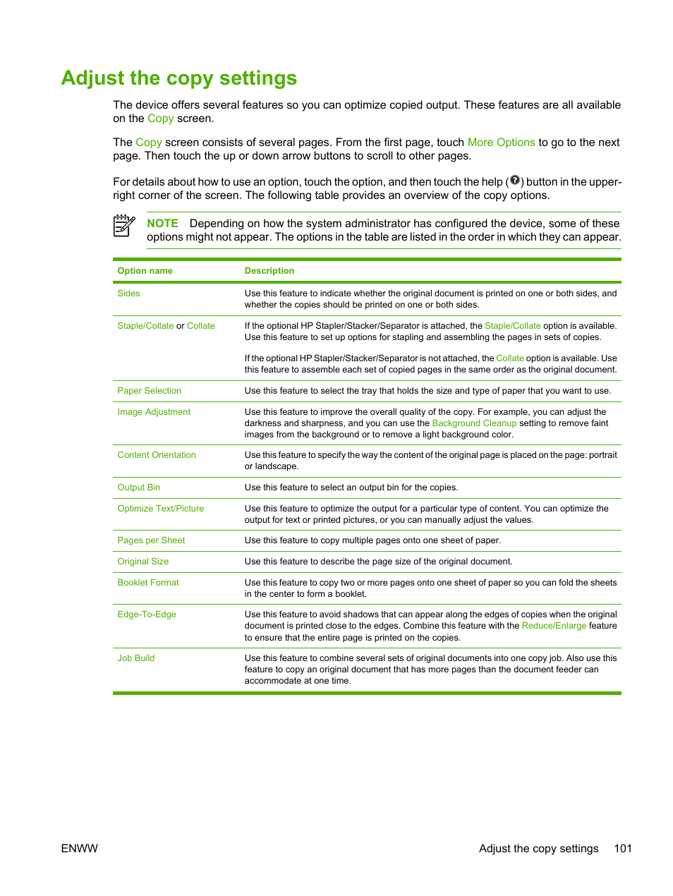 Adjust the copy settings, Adjust the copy, Settings | HP LaserJet M3027 Multifunction Printer series User Manual | Page 113 / 268