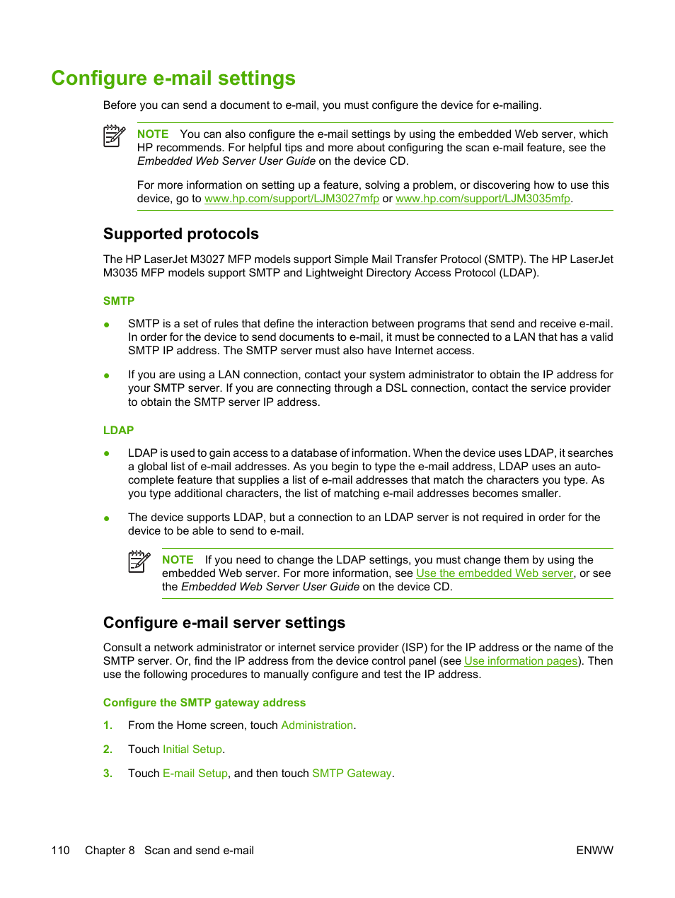 Configure e-mail settings, Supported protocols, Configure e-mail server settings | HP LaserJet M3027 Multifunction Printer series User Manual | Page 122 / 268