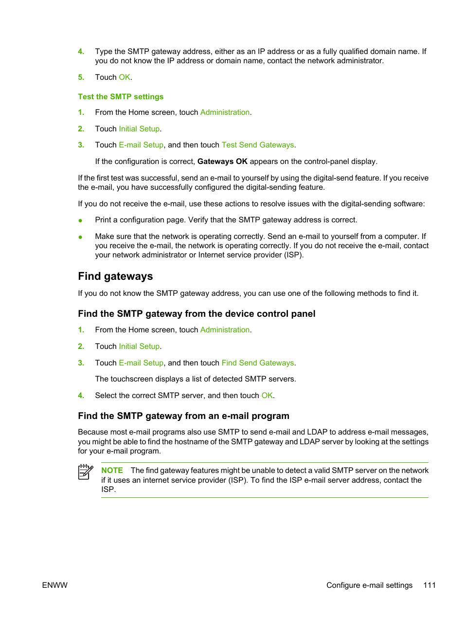 Find gateways, Find the smtp gateway from an e-mail program | HP LaserJet M3027 Multifunction Printer series User Manual | Page 123 / 268