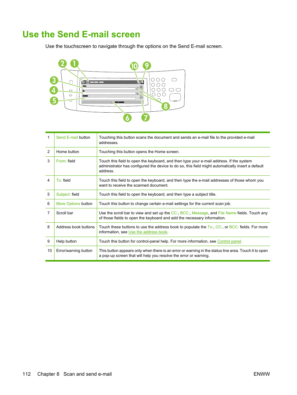 Use the send e-mail screen, 112 chapter 8 scan and send e-mail enww | HP LaserJet M3027 Multifunction Printer series User Manual | Page 124 / 268