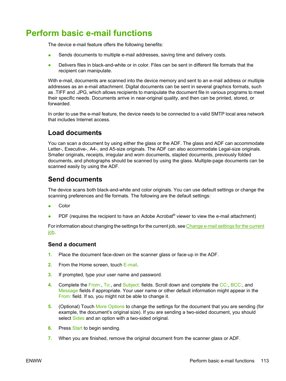 Perform basic e-mail functions, Load documents, Send documents | Send a document, Load documents send documents | HP LaserJet M3027 Multifunction Printer series User Manual | Page 125 / 268