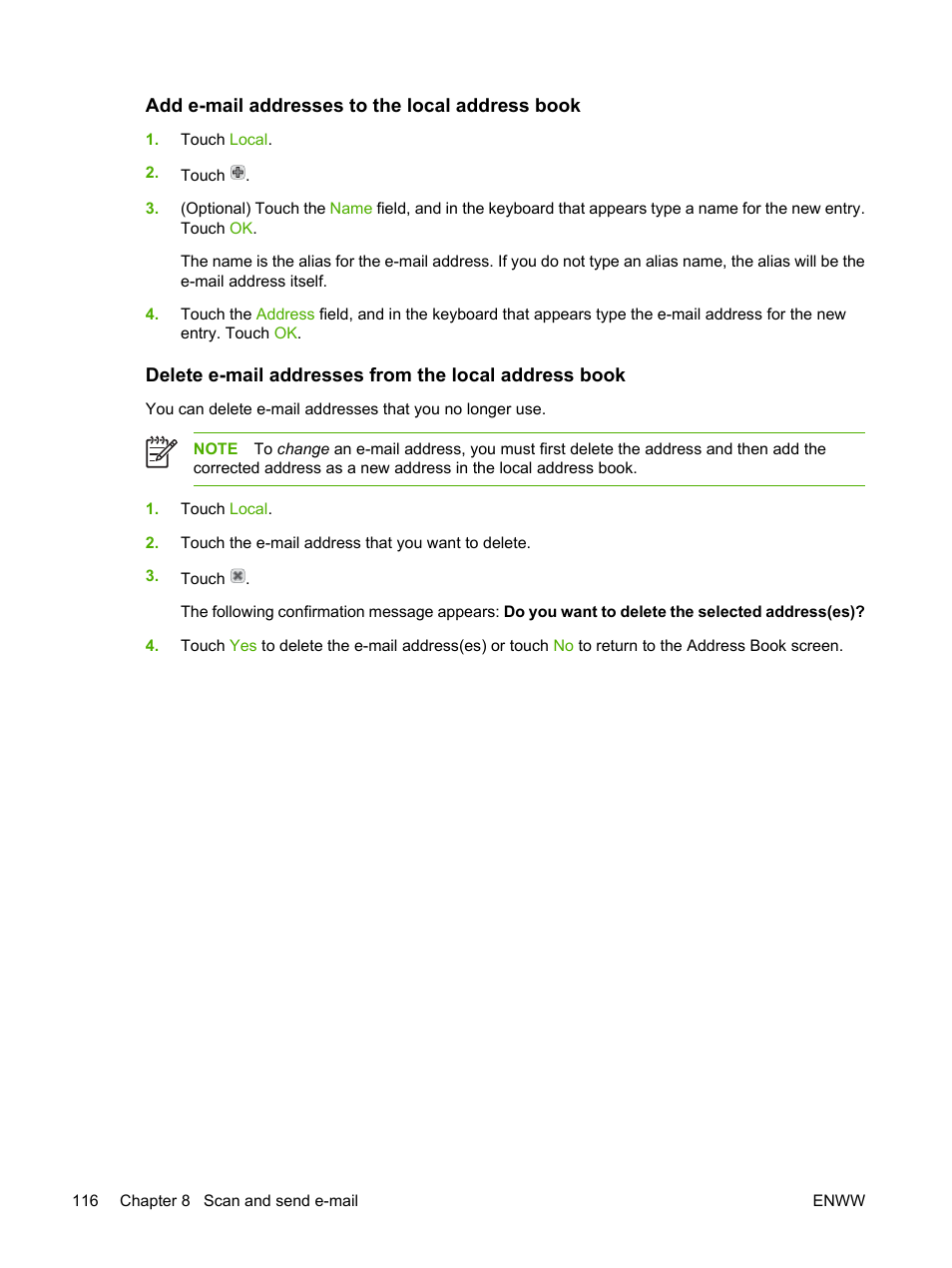 Add e-mail addresses to the local address book | HP LaserJet M3027 Multifunction Printer series User Manual | Page 128 / 268