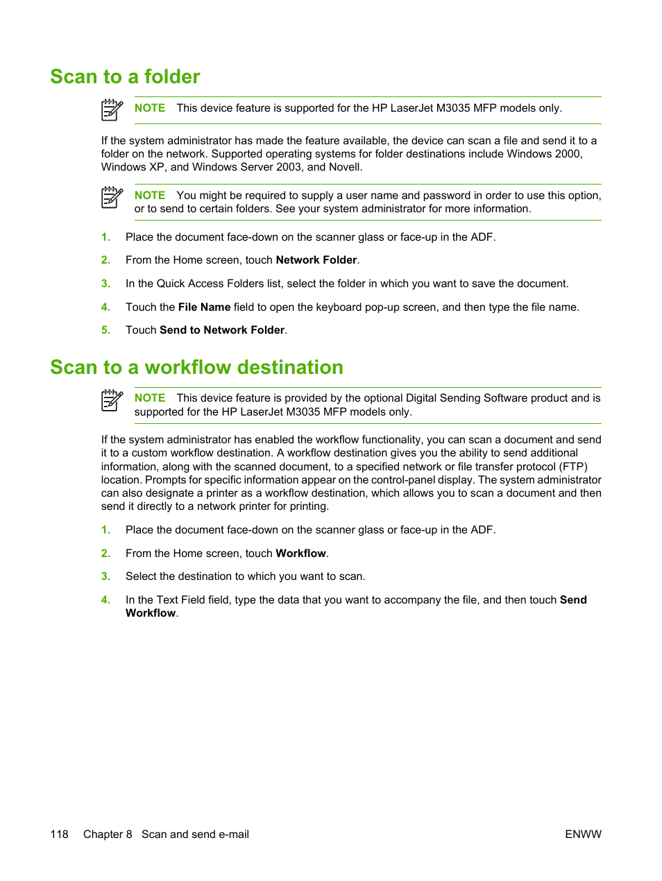 Scan to a folder, Scan to a workflow destination, Scan to a folder scan to a workflow destination | HP LaserJet M3027 Multifunction Printer series User Manual | Page 130 / 268