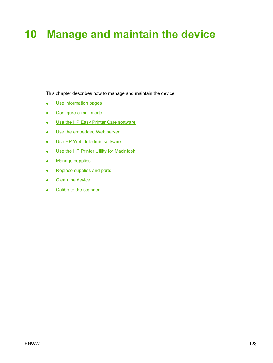 Manage and maintain the device, 10 manage and maintain the device | HP LaserJet M3027 Multifunction Printer series User Manual | Page 135 / 268