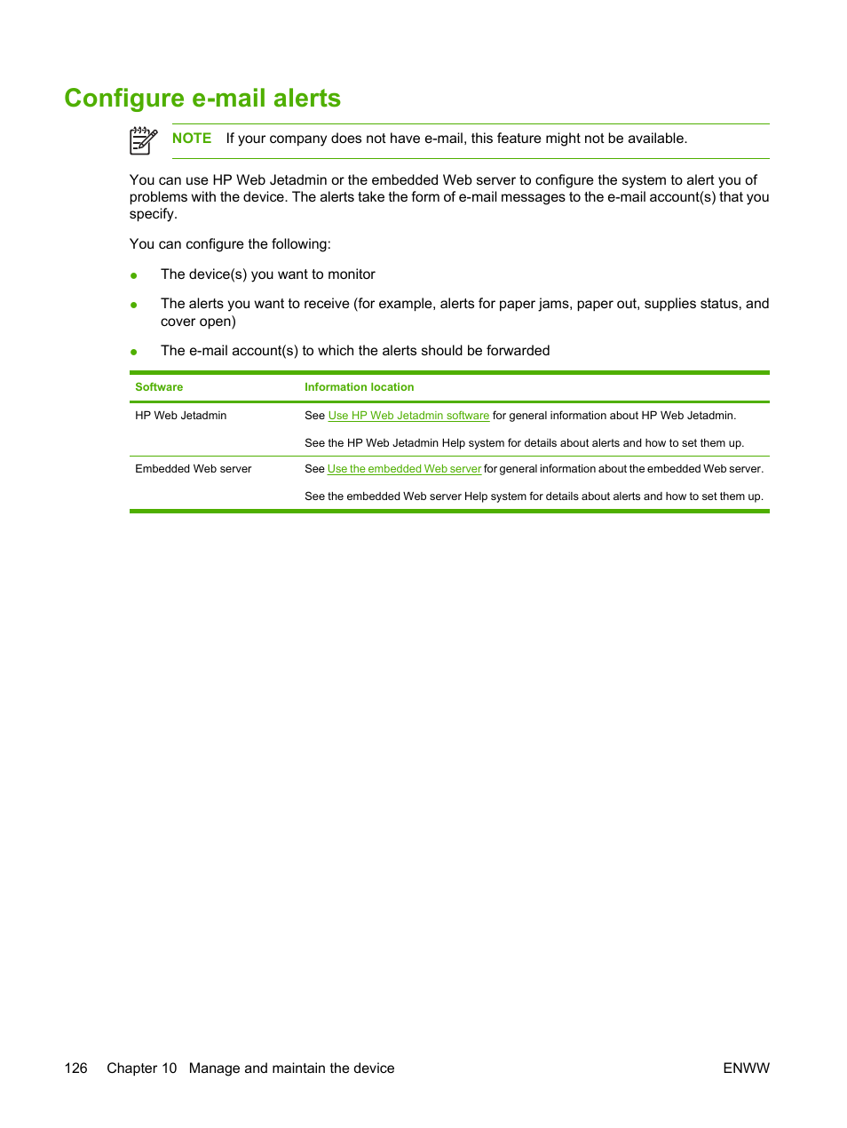 Configure e-mail alerts | HP LaserJet M3027 Multifunction Printer series User Manual | Page 138 / 268