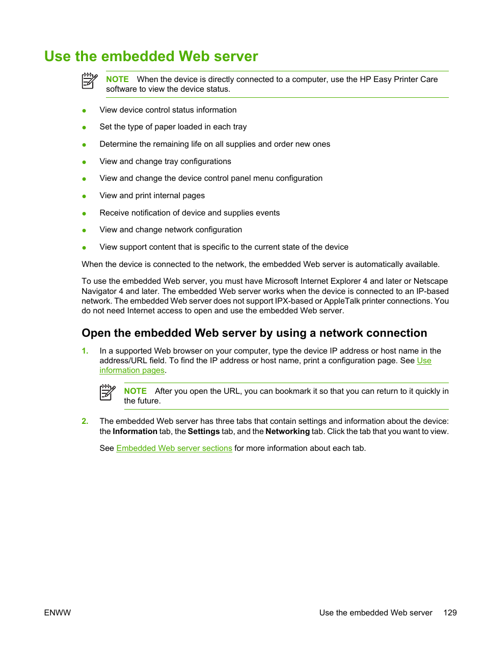 Use the embedded web server, Use the, Embedded web server | Use the embedded, Web server | HP LaserJet M3027 Multifunction Printer series User Manual | Page 141 / 268