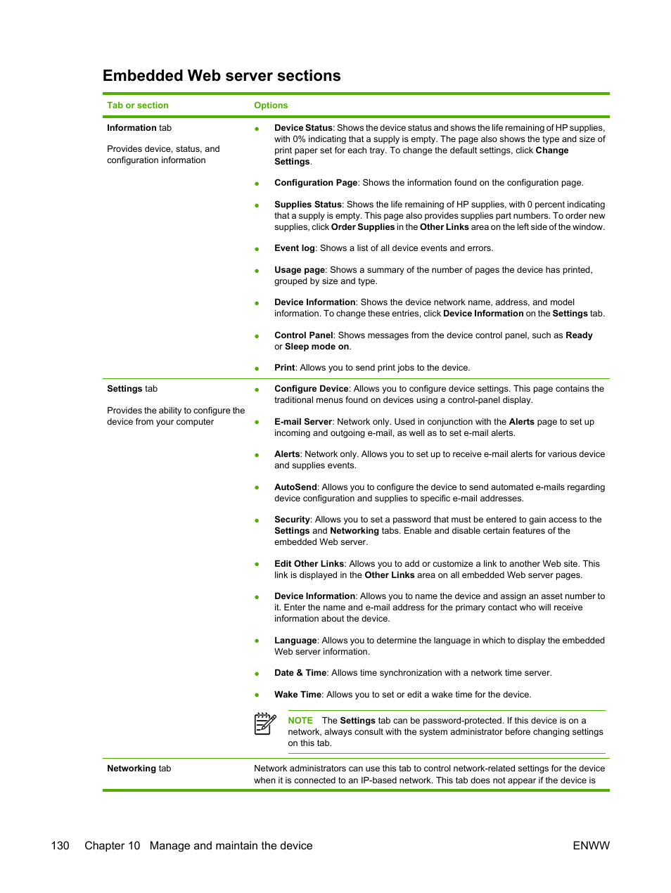 Embedded web server sections | HP LaserJet M3027 Multifunction Printer series User Manual | Page 142 / 268
