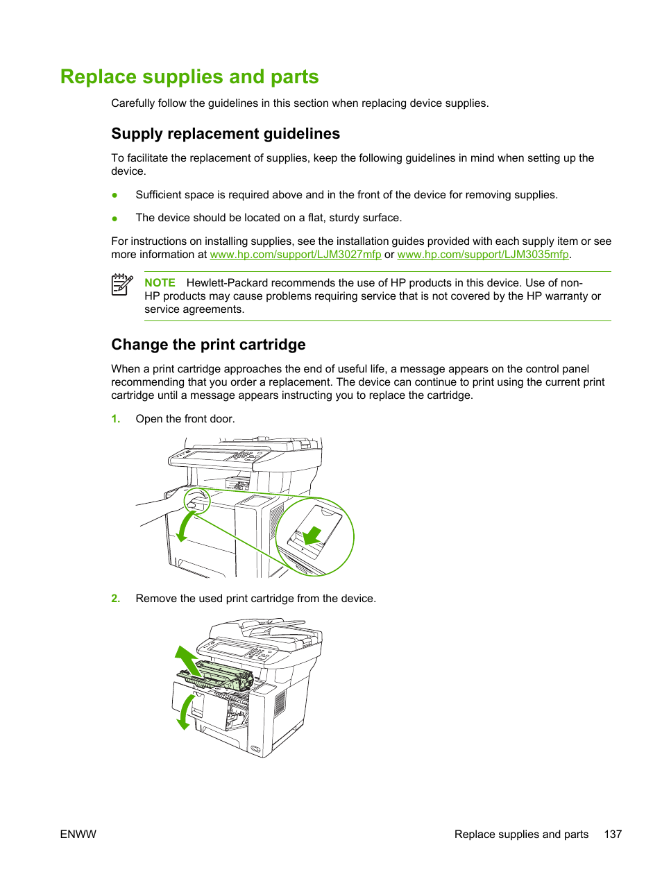 Replace supplies and parts, Supply replacement guidelines, Change the print cartridge | HP LaserJet M3027 Multifunction Printer series User Manual | Page 149 / 268