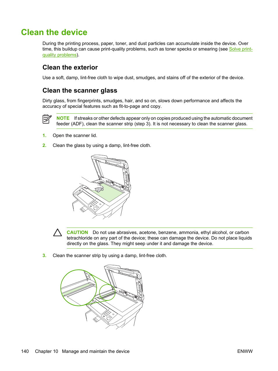 Clean the device, Clean the exterior, Clean the scanner glass | Clean the exterior clean the scanner glass | HP LaserJet M3027 Multifunction Printer series User Manual | Page 152 / 268