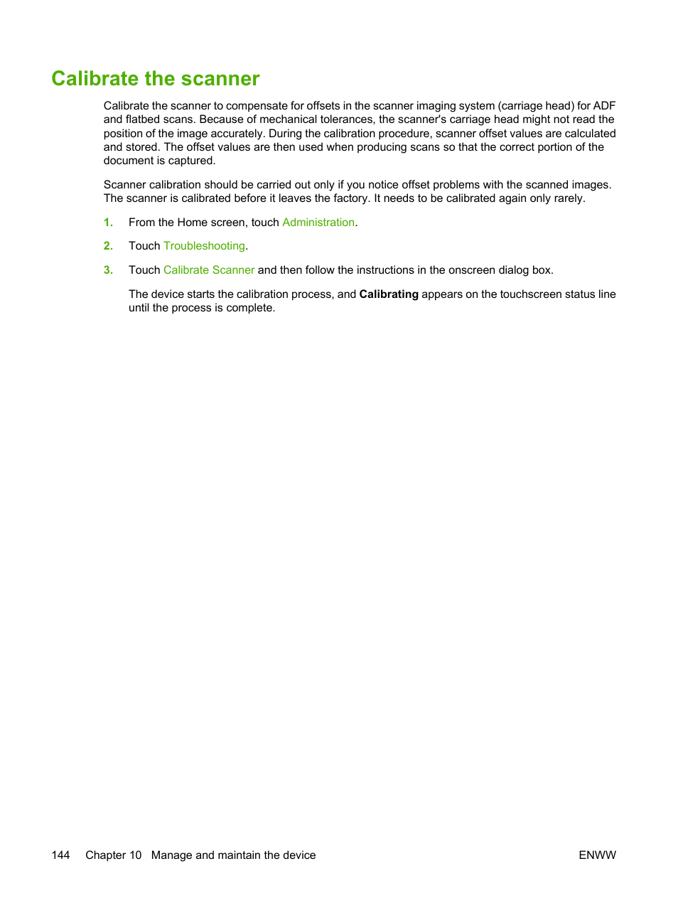 Calibrate the scanner | HP LaserJet M3027 Multifunction Printer series User Manual | Page 156 / 268