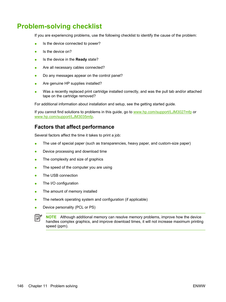 Problem-solving checklist, Factors that affect performance | HP LaserJet M3027 Multifunction Printer series User Manual | Page 158 / 268