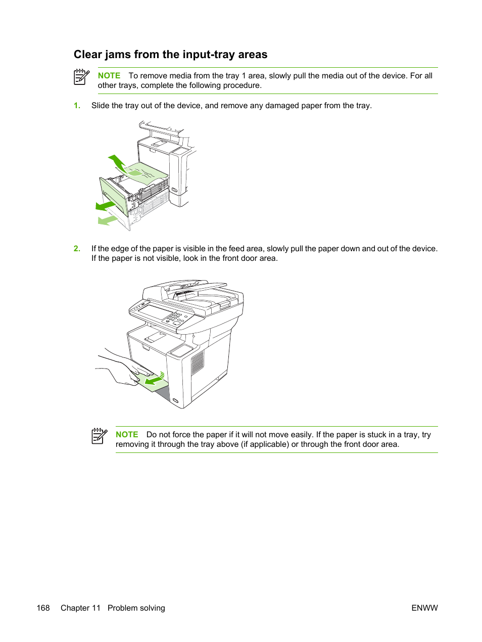 Clear jams from the input-tray areas, Clear jams from the input-tray, Areas | Clear jams from, The input-tray areas | HP LaserJet M3027 Multifunction Printer series User Manual | Page 180 / 268