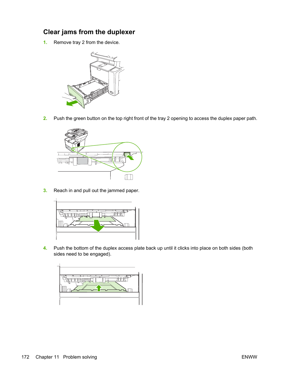 Clear jams from the duplexer | HP LaserJet M3027 Multifunction Printer series User Manual | Page 184 / 268