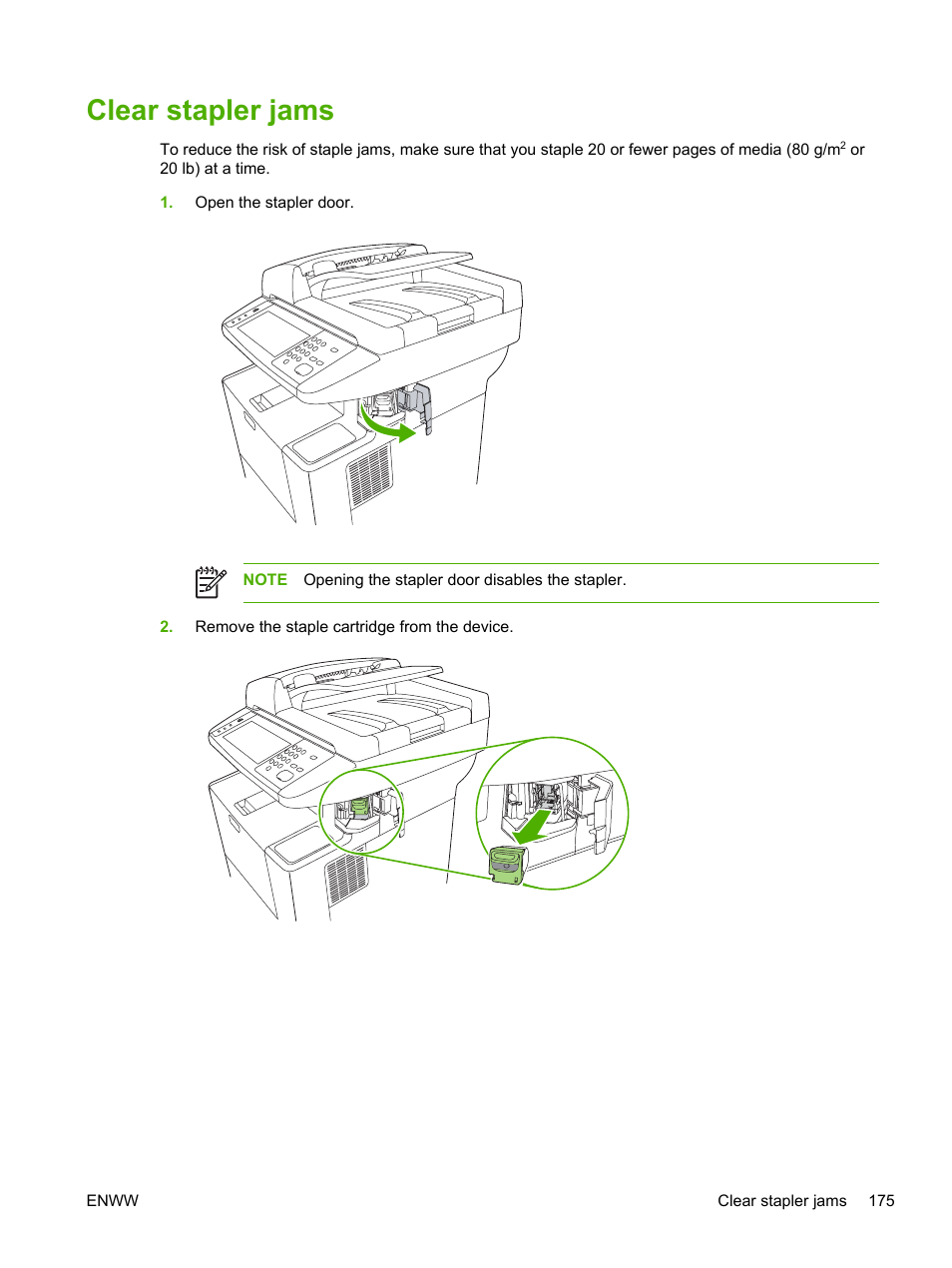 Clear stapler jams | HP LaserJet M3027 Multifunction Printer series User Manual | Page 187 / 268