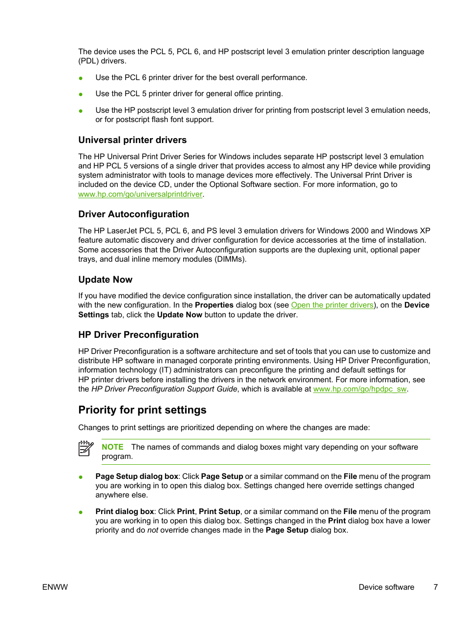 Universal printer drivers, Driver autoconfiguration, Update now | Hp driver preconfiguration, Priority for print settings | HP LaserJet M3027 Multifunction Printer series User Manual | Page 19 / 268