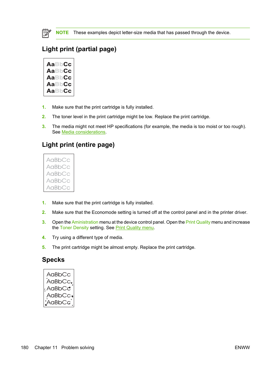 Specks, Light print (partial, Light print (entire | Light print (partial page), Light print (entire page) | HP LaserJet M3027 Multifunction Printer series User Manual | Page 192 / 268