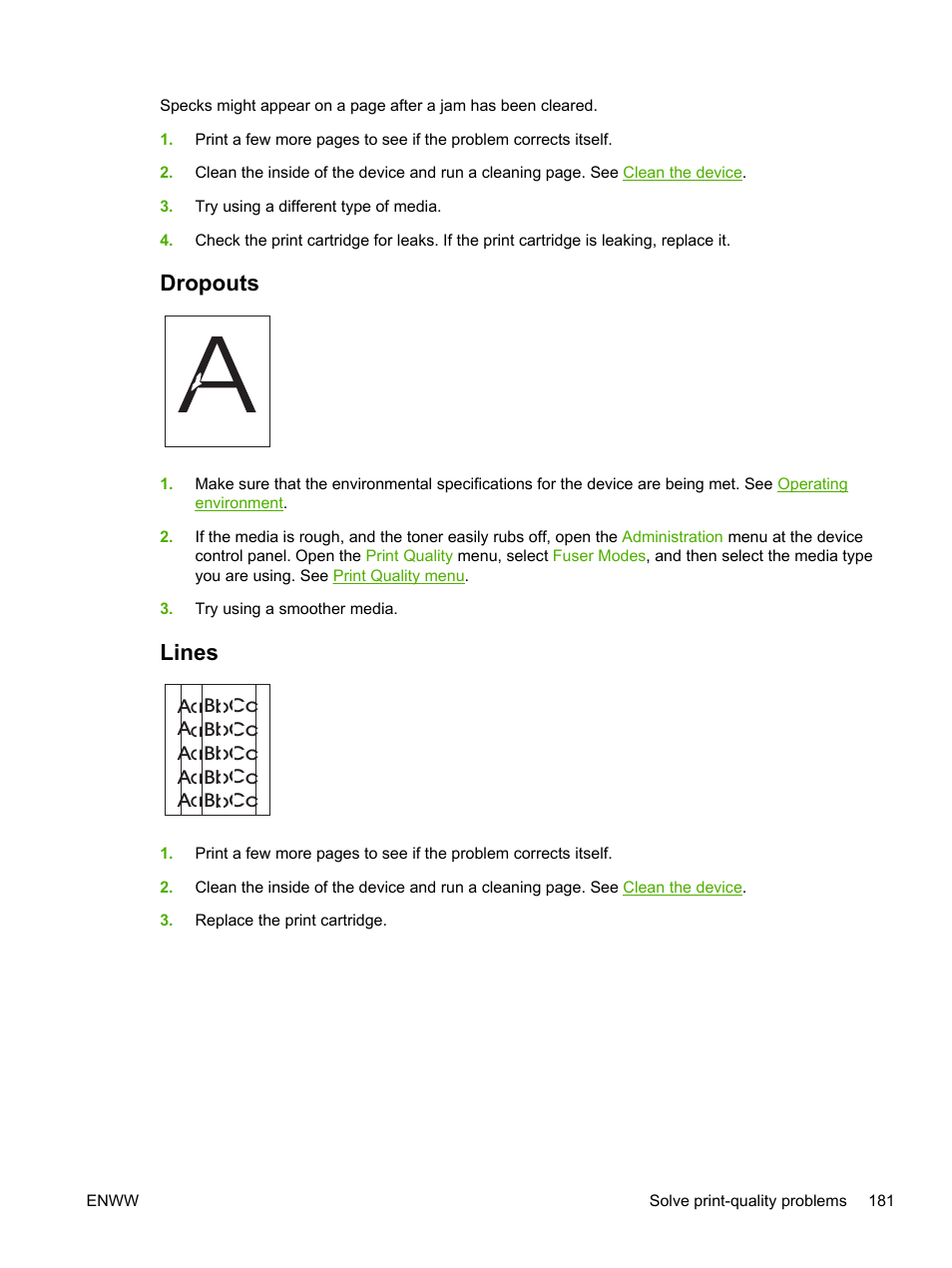 Dropouts, Lines, Dropouts lines | HP LaserJet M3027 Multifunction Printer series User Manual | Page 193 / 268