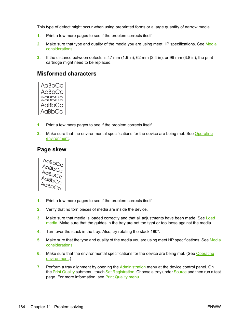 Misformed characters, Misformed, Characters | Aabbcc aabbcc aabbcc aabbcc, Page skew | HP LaserJet M3027 Multifunction Printer series User Manual | Page 196 / 268