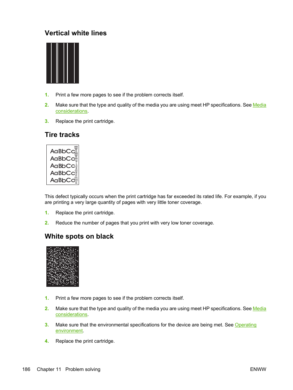 Vertical white lines, Tire tracks, White spots on black | White spots on, Black | HP LaserJet M3027 Multifunction Printer series User Manual | Page 198 / 268