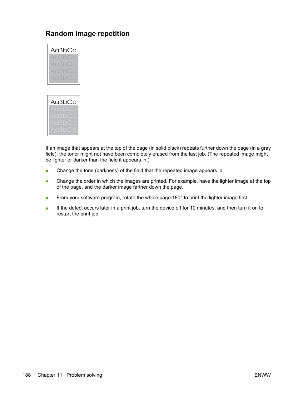 Random image repetition, Random image, Repetition | Light) | HP LaserJet M3027 Multifunction Printer series User Manual | Page 200 / 268
