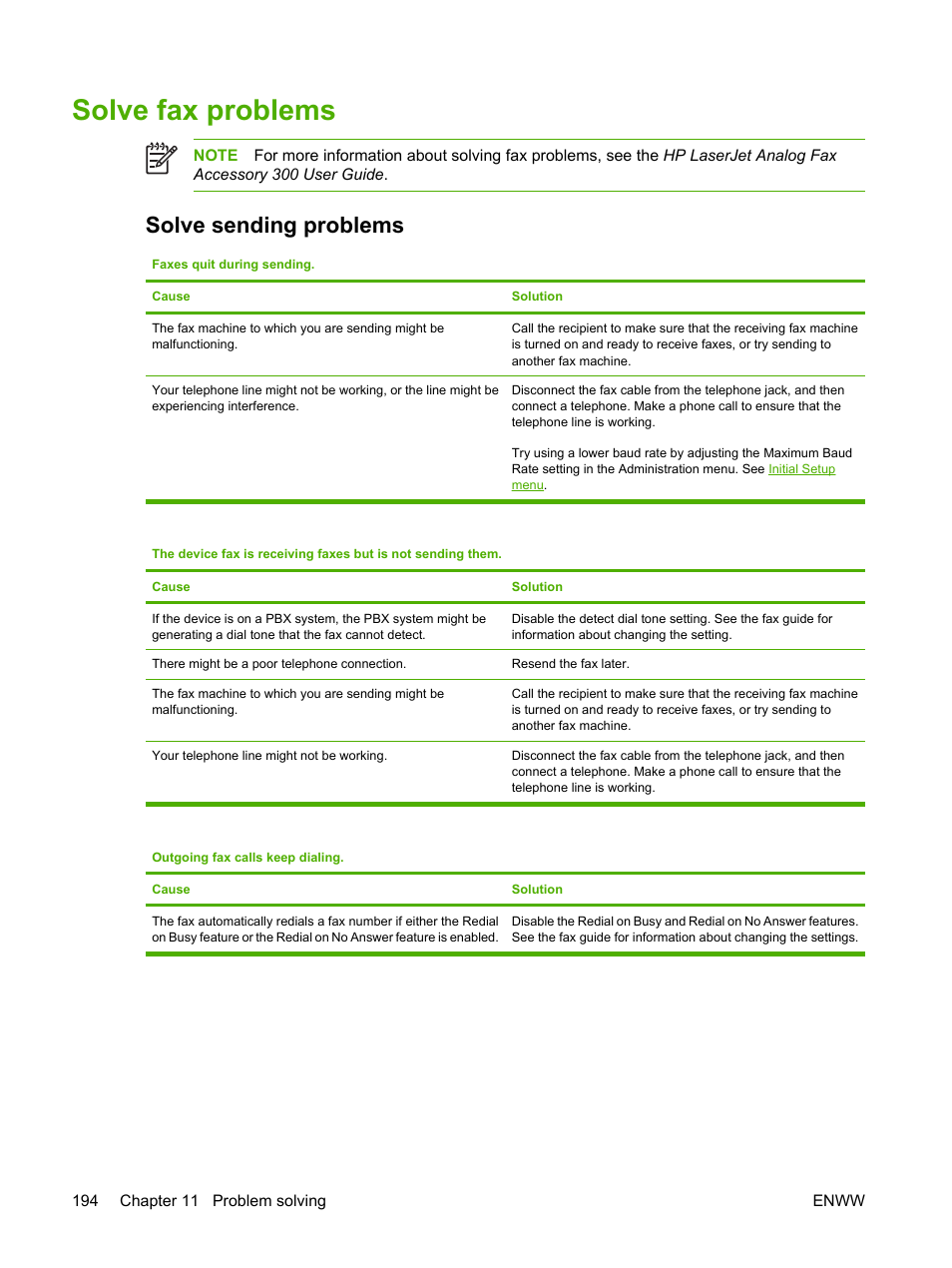 Solve fax problems, Solve sending problems, Solve | Fax problems | HP LaserJet M3027 Multifunction Printer series User Manual | Page 206 / 268