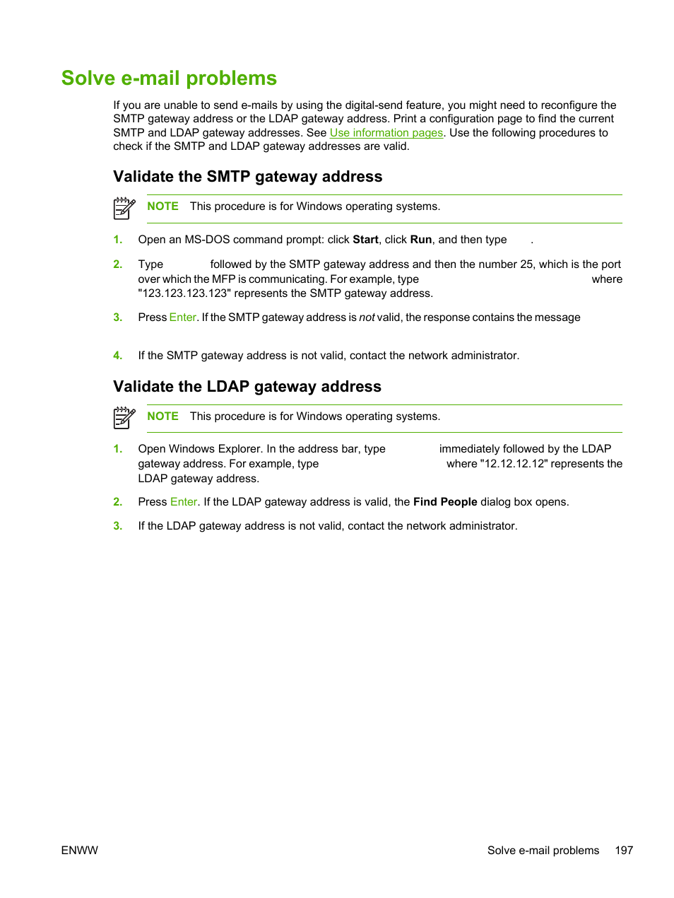 Solve e‑mail problems, Validate the smtp gateway address, Validate the ldap gateway address | Solve e-mail problems, Solve, E-mail problems, S. see | HP LaserJet M3027 Multifunction Printer series User Manual | Page 209 / 268