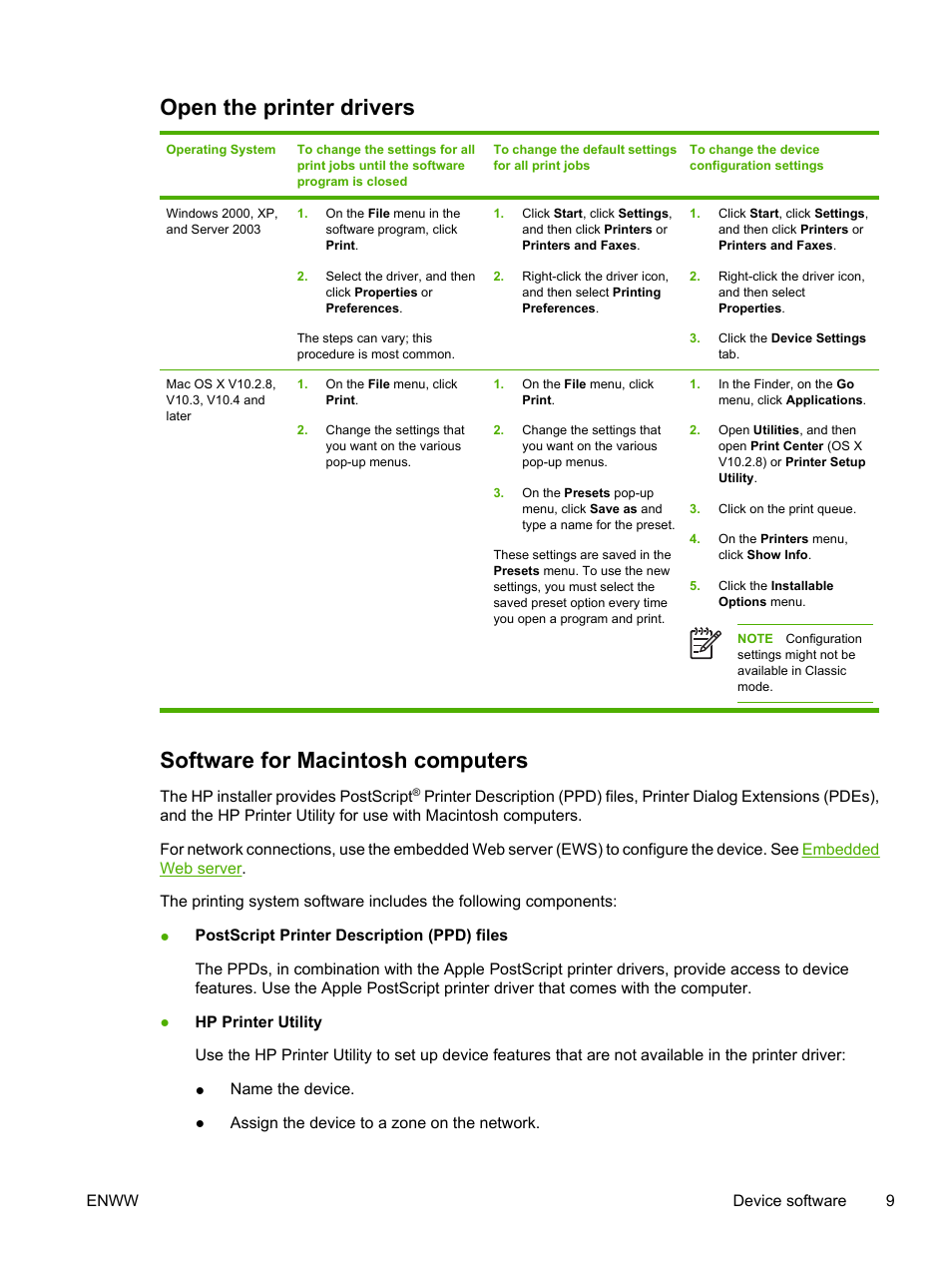 Open the printer drivers, Software for macintosh computers | HP LaserJet M3027 Multifunction Printer series User Manual | Page 21 / 268
