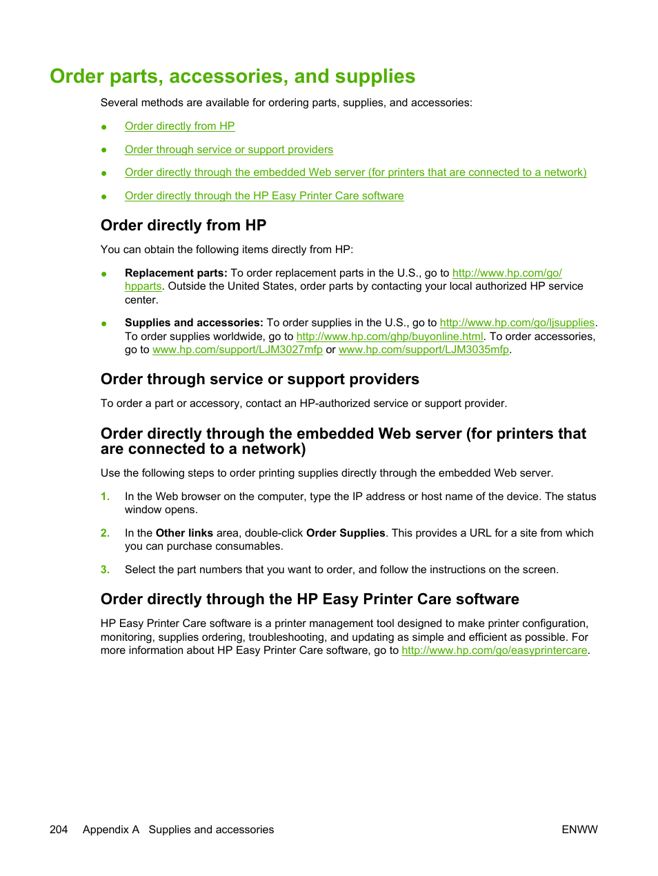 Order parts, accessories, and supplies, Order directly from hp, Order through service or support providers | Ridge, see, Order, Parts, accessories, and supplies | HP LaserJet M3027 Multifunction Printer series User Manual | Page 216 / 268