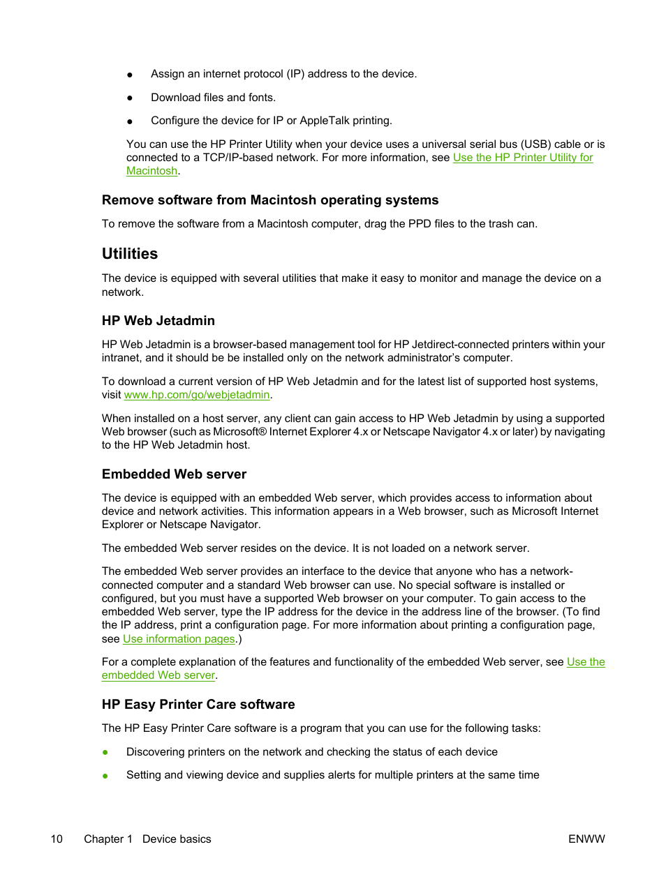 Remove software from macintosh operating systems, Utilities, Hp web jetadmin | Embedded web server, Hp easy printer care software | HP LaserJet M3027 Multifunction Printer series User Manual | Page 22 / 268