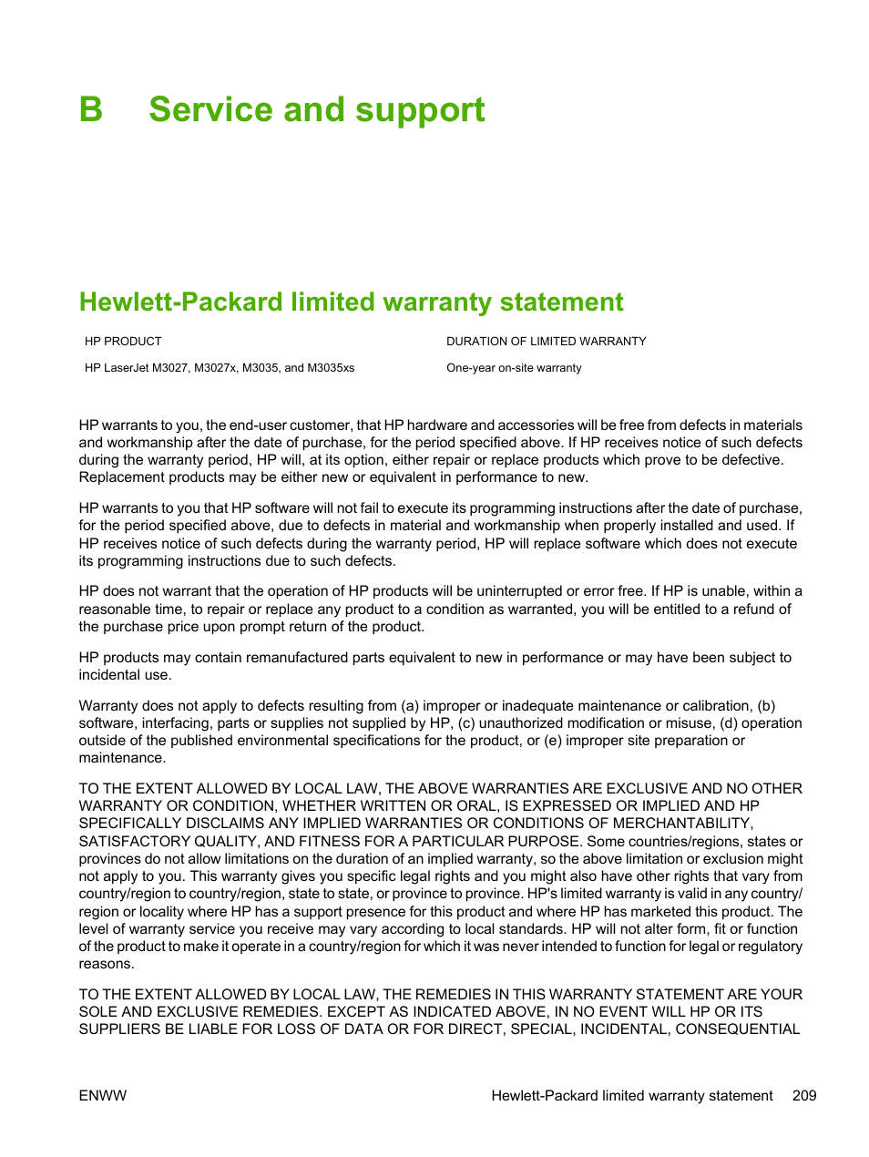 Service and support, Hewlett-packard limited warranty statement, Appendix b service and support | Bservice and support | HP LaserJet M3027 Multifunction Printer series User Manual | Page 221 / 268