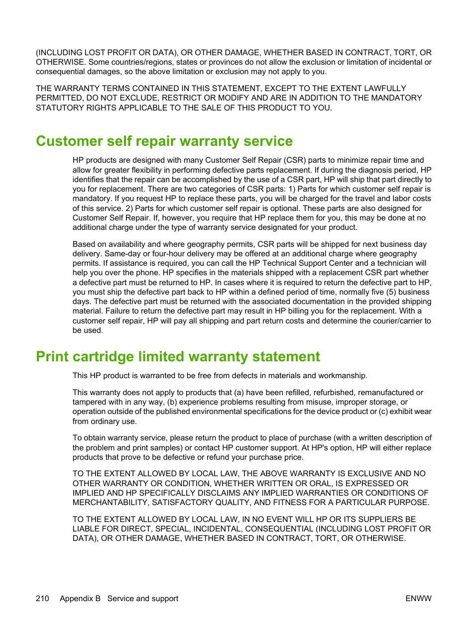Customer self repair warranty service, Print cartridge limited warranty statement | HP LaserJet M3027 Multifunction Printer series User Manual | Page 222 / 268