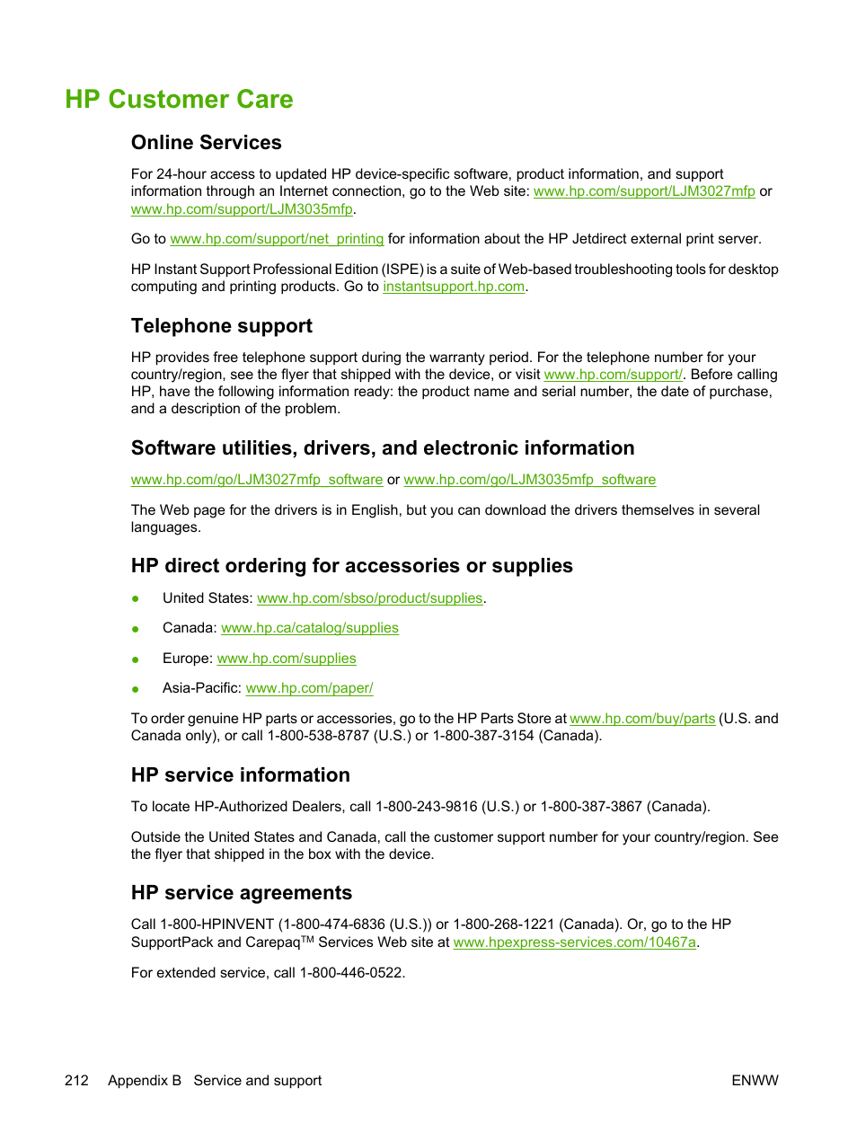 Hp customer care, Online services, Telephone support | Hp direct ordering for accessories or supplies, Hp service information, Hp service agreements, E. see, Hp customer, Care, Or the suppor | HP LaserJet M3027 Multifunction Printer series User Manual | Page 224 / 268