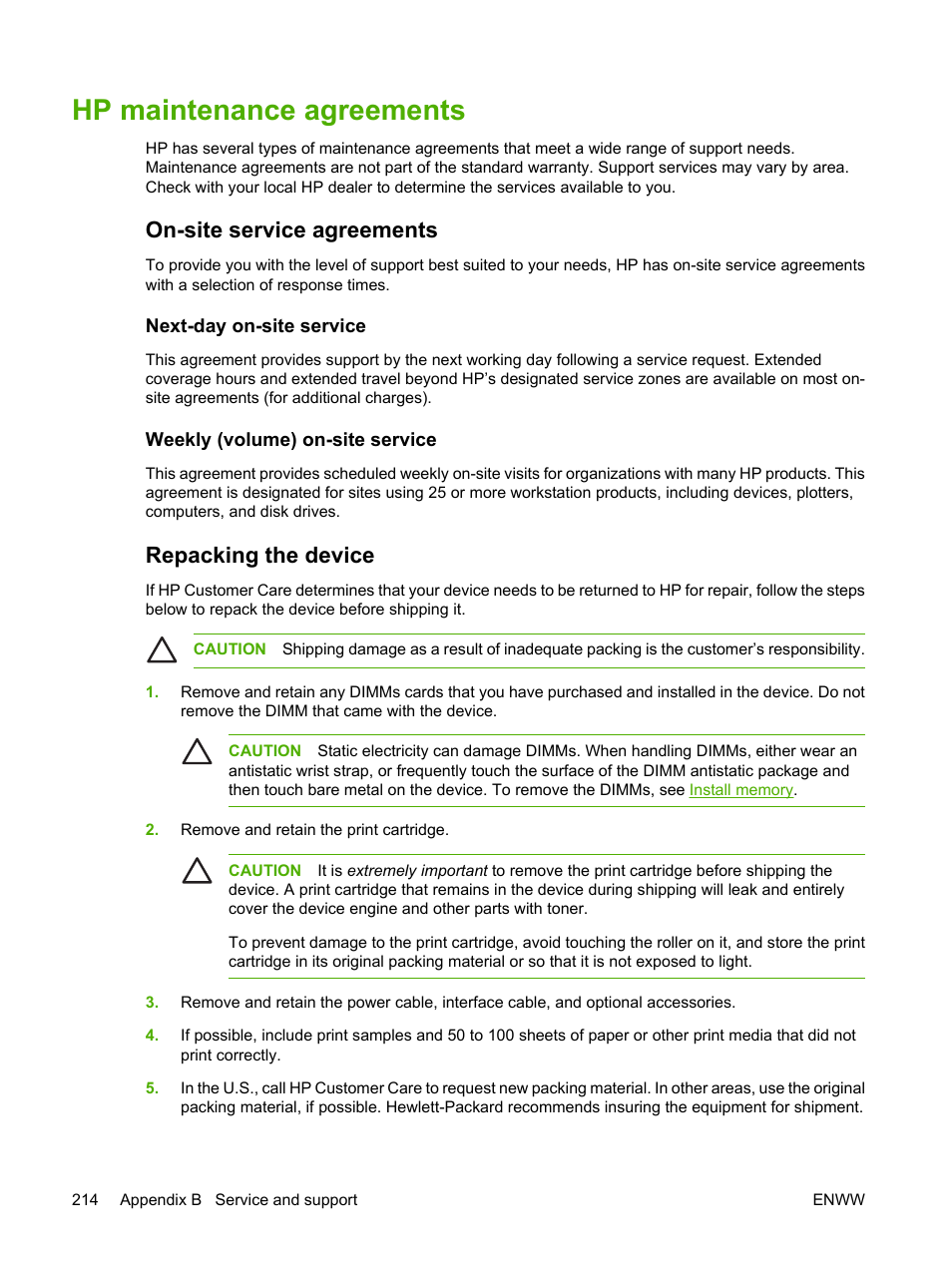 Hp maintenance agreements, On-site service agreements, Next-day on-site service | Weekly (volume) on-site service, Repacking the device | HP LaserJet M3027 Multifunction Printer series User Manual | Page 226 / 268
