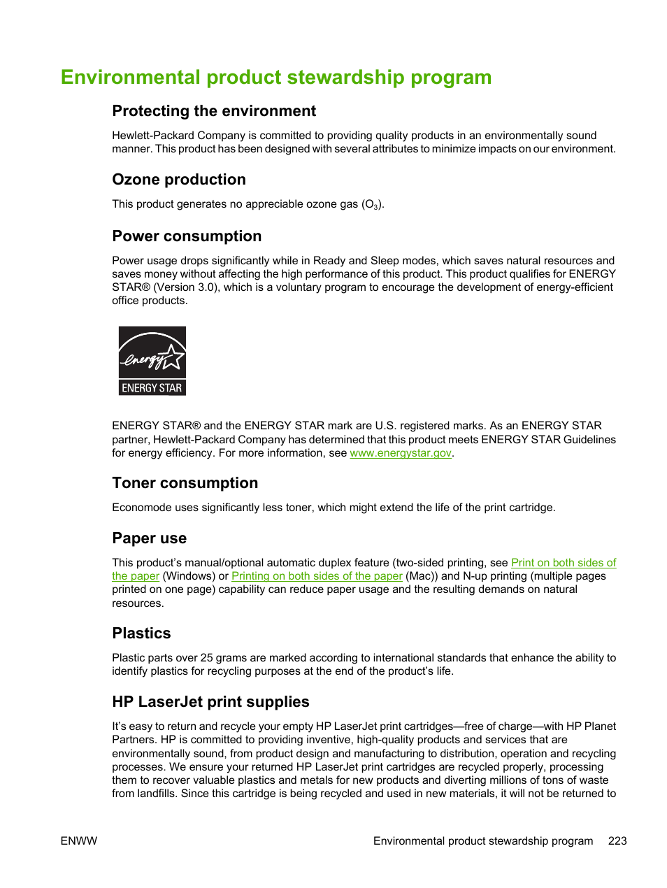 Environmental product stewardship program, Protecting the environment, Ozone production | Power consumption, Toner consumption, Paper use, Plastics, Hp laserjet print supplies, Plastics hp laserjet print supplies | HP LaserJet M3027 Multifunction Printer series User Manual | Page 235 / 268