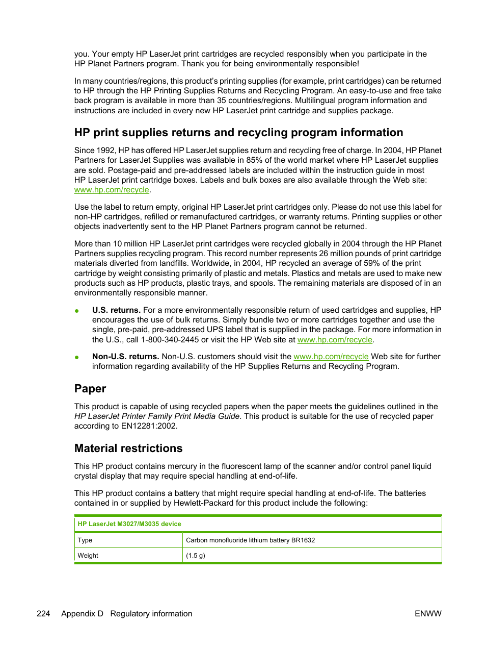 Paper, Material restrictions | HP LaserJet M3027 Multifunction Printer series User Manual | Page 236 / 268