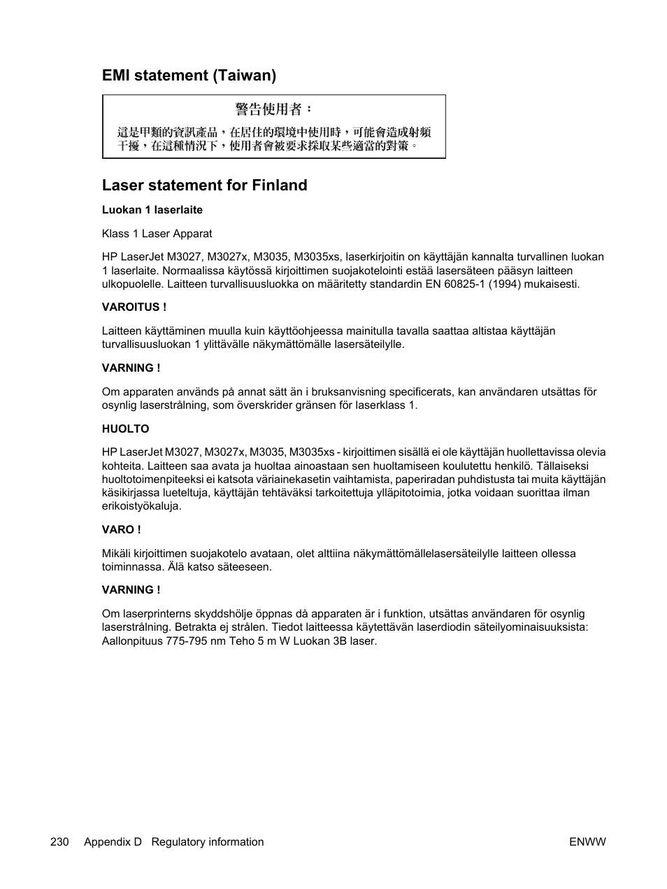 Emi statement (taiwan), Laser statement for finland, Emi statement (taiwan) laser statement for finland | HP LaserJet M3027 Multifunction Printer series User Manual | Page 242 / 268