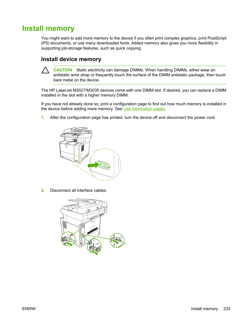 Install memory, Install device memory | HP LaserJet M3027 Multifunction Printer series User Manual | Page 245 / 268