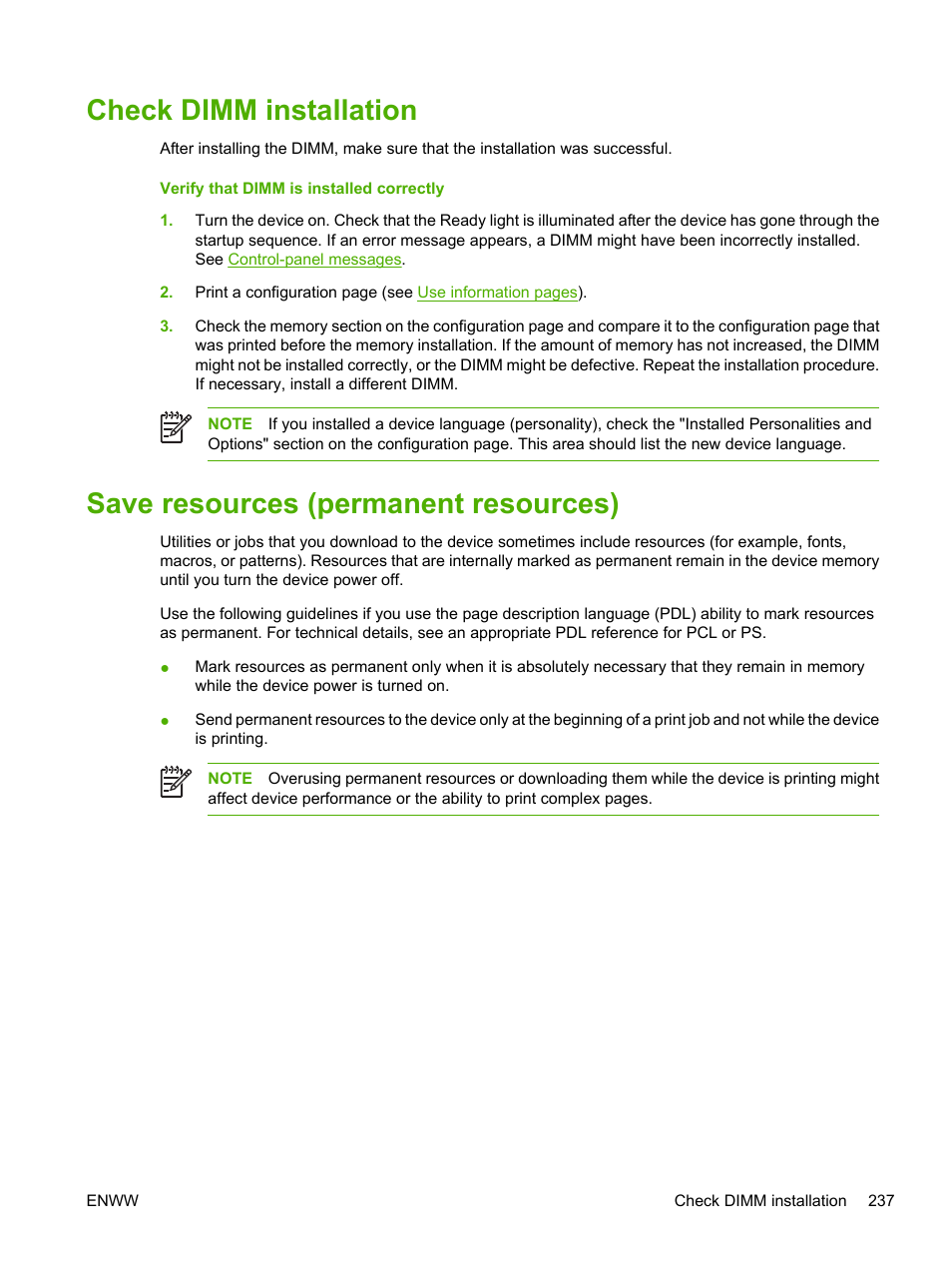 Check dimm installation, Save resources (permanent resources) | HP LaserJet M3027 Multifunction Printer series User Manual | Page 249 / 268