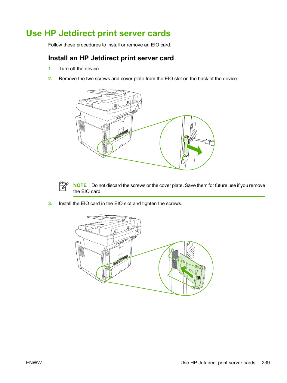 Use hp jetdirect print server cards, Install an hp jetdirect print server card | HP LaserJet M3027 Multifunction Printer series User Manual | Page 251 / 268