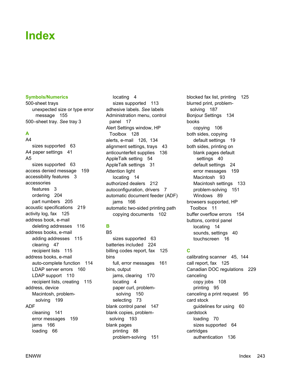 Index | HP LaserJet M3027 Multifunction Printer series User Manual | Page 255 / 268