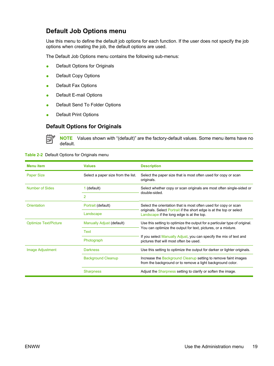 Default job options menu, Default options for originals | HP LaserJet M3027 Multifunction Printer series User Manual | Page 31 / 268