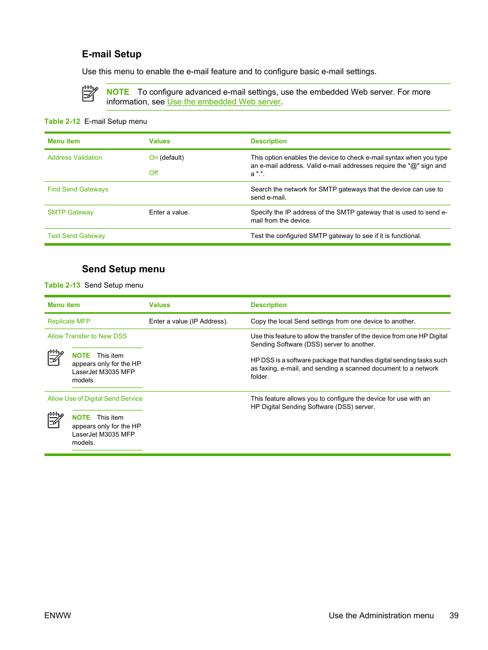E-mail setup, Send setup menu, E-mail setup send setup menu | HP LaserJet M3027 Multifunction Printer series User Manual | Page 51 / 268