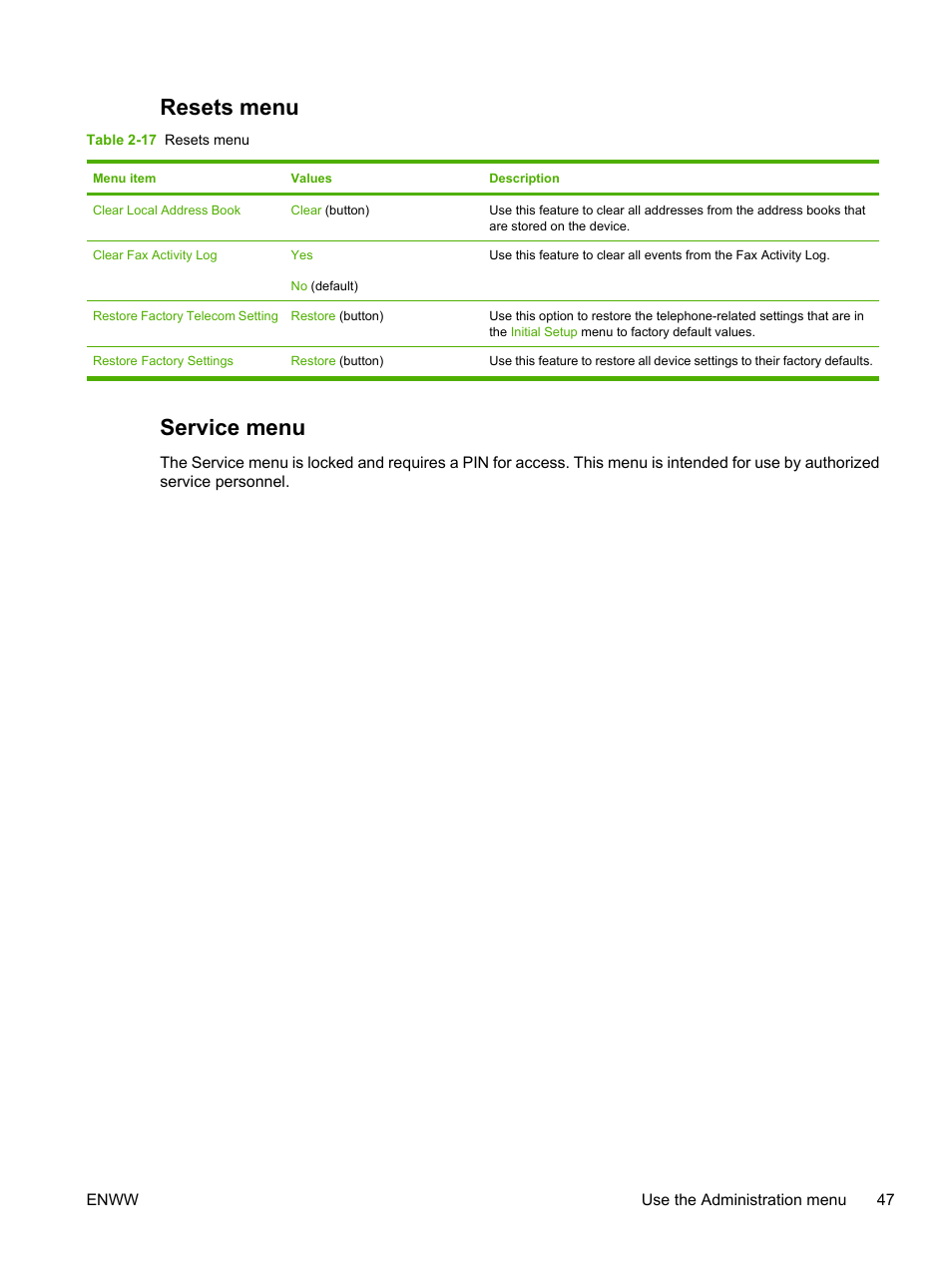 Resets menu, Service menu, Resets menu service menu | HP LaserJet M3027 Multifunction Printer series User Manual | Page 59 / 268