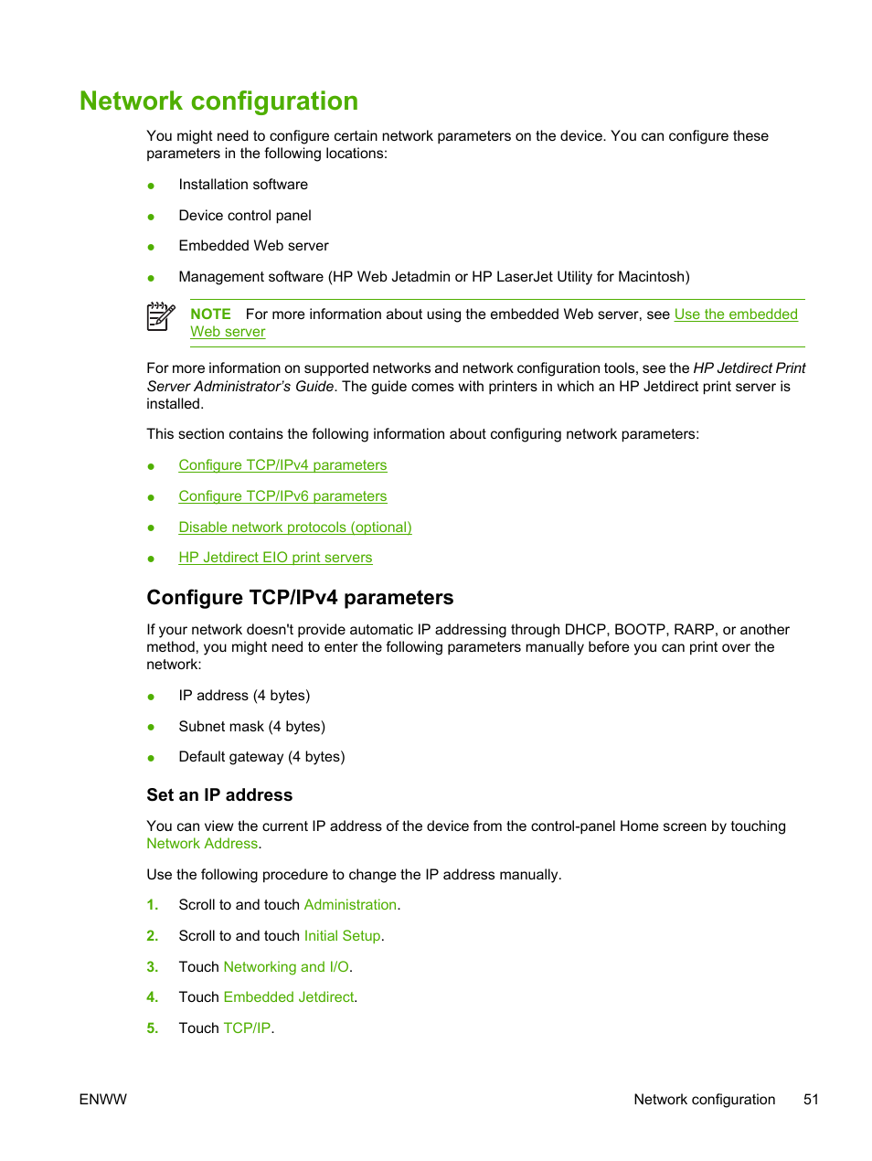 Network configuration, Configure tcp/ipv4 parameters, Set an ip address | HP LaserJet M3027 Multifunction Printer series User Manual | Page 63 / 268