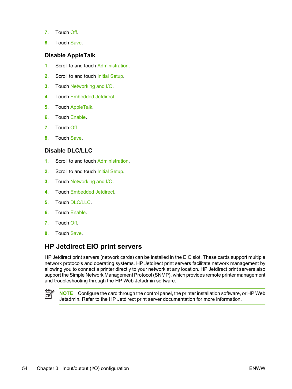 Disable appletalk, Disable dlc/llc, Hp jetdirect eio print servers | Disable appletalk disable dlc/llc | HP LaserJet M3027 Multifunction Printer series User Manual | Page 66 / 268