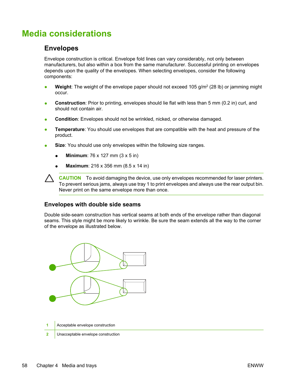 Media considerations, Envelopes, Envelopes with double side seams | HP LaserJet M3027 Multifunction Printer series User Manual | Page 70 / 268