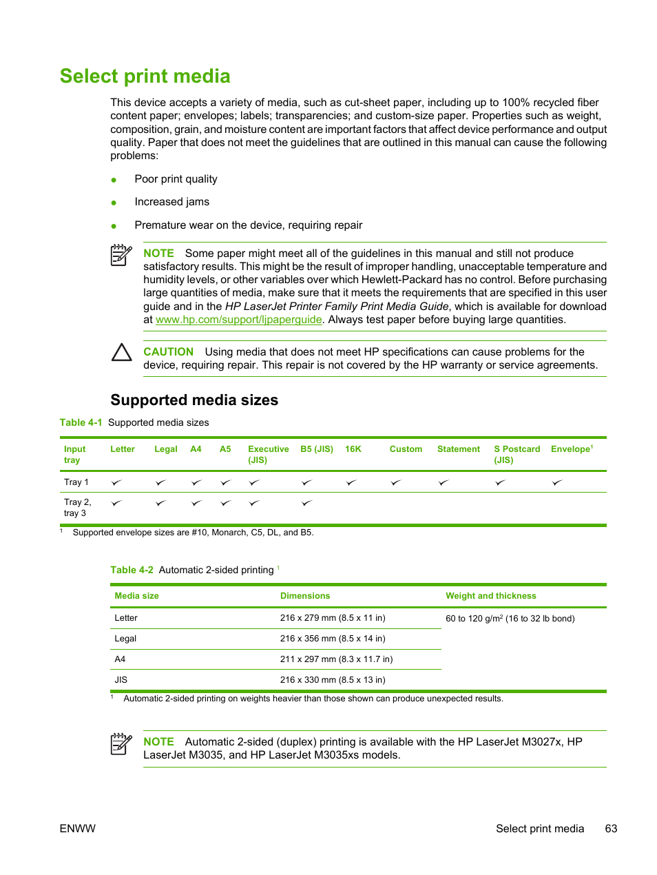 Select print media, Supported media sizes | HP LaserJet M3027 Multifunction Printer series User Manual | Page 75 / 268