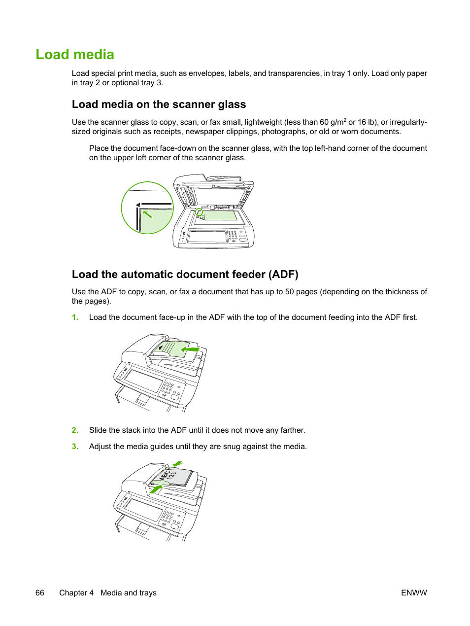 Load media, Load media on the scanner glass, Load the automatic document feeder (adf) | HP LaserJet M3027 Multifunction Printer series User Manual | Page 78 / 268