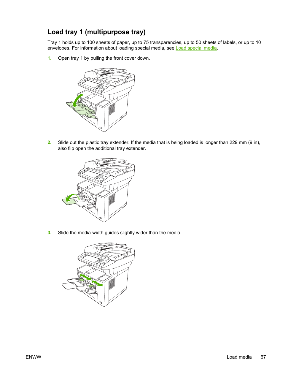 Load tray 1 (multipurpose tray) | HP LaserJet M3027 Multifunction Printer series User Manual | Page 79 / 268