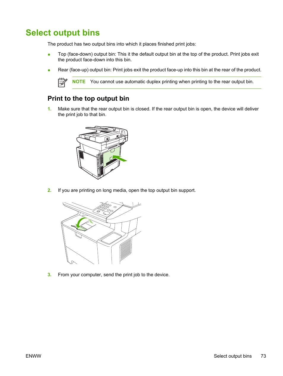 Select output bins, Print to the top output bin | HP LaserJet M3027 Multifunction Printer series User Manual | Page 85 / 268
